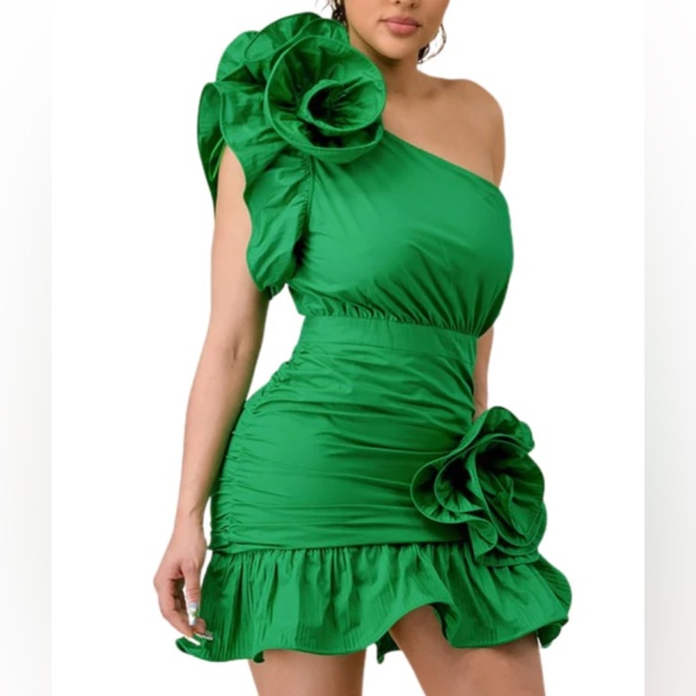 One Shoulder 3D Flower Dress